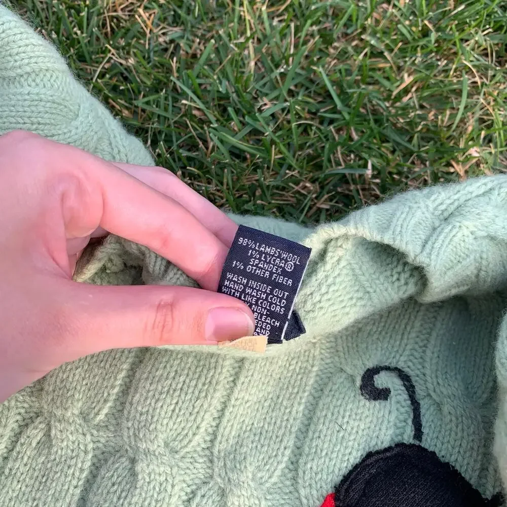 Custom Upcycled Green Wool Bug Patchwork Sweater “The World Is Cruel” M/L